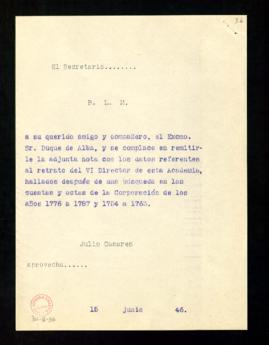 Copia del besalamano de Julio Casares al duque de Alba en el que le remite una nota con los datos...