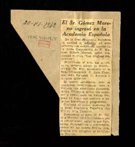 Recorte del diario Arriba con la noticia titulada El Sr. Gómez Moreno ingresó en la Academia Espa...