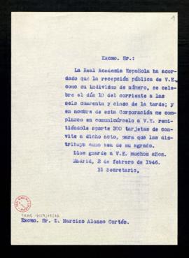 Copia sin firma del oficio del secretario a Narciso Alonso Cortés en el que le comunica la fecha ...
