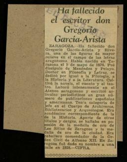 Recorte del diario El Alcázar con la noticia Ha fallecido el periodista aragonés don Gregorio Gar...