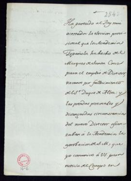 Traslado del marqués de Grimaldi a Juan [de] Trigueros de la aprobación del rey a la elección pro...