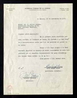 Carta de Luis Ángel Casas y de Antonio Iraizoz, secretario y director de la Academia Cubana de la...