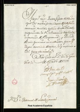 Carta de Juan Ortiz de Azorín a Manuel de Lardizábal [y Uribe] en la que le comunica que se ha fi...