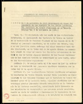 Copia de la Orden de 3 de noviembre de 1939 prorrogando el plazo del juramento de los miembros de...
