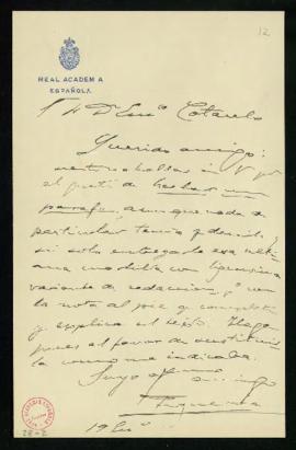Carta de Juan de Armada y Losada, marqués de Figueroa, a Emilio Cotarelo en la que comunica que l...