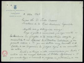 Carta de Manuel de Montoliú al secretario Julio Casares con la que remite un ejemplar de su Manua...