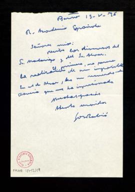 Nota firmada por José Rubió con el acuse de recibo de los discursos de [Salvador de] Madariaga y ...