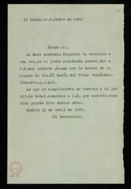 Copia sin firma del oficio de pésame del secretario [Emilio Cotarelo] a Pedro de Novo [y Colson] ...