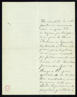 Carta de Eugenio Sellés al secretario [Manuel Tamayo y Baus] de agradecimiento a la Academia por ...