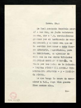 Copia sin firma del oficio del secretario [Julio Casares] a Julio Palacios en el que le comunica ...