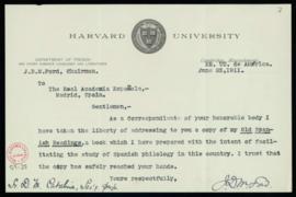 Carta de J. D. M. Ford en la que pregunta si ha llegado a la Academia el ejemplar que ha enviado ...