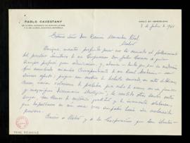 Carta de Pablo Cavestany, de la Real Academia de Buenas Letras, a Ramón Menéndez Pidal de envío d...
