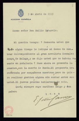 Carta de Emilio Gutiérrez-Gamero a Emilio Cotarelo en la que le recuerda que le gustaría que el n...