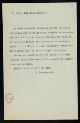 Copia sin firma del oficio de pésame del secretario [Emilio Cotarelo] a Santiago Montoto por el f...