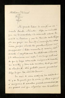 Carta de Manuel Tamayo y Baus a Pedro [Antonio de Alarcón] en la que comenta que se encuentra en ...