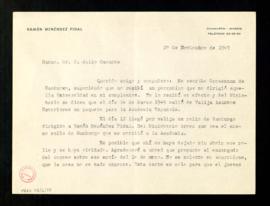 Carta de Ramón Menéndez a Julio Casares en la que le pide que investigue si en la valija que se r...