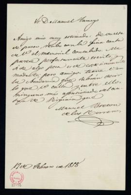 Carta de Manuel Bretón de los Herreros a Manuel Tamayo y Baus de acuse de recibo de su memorial, ...