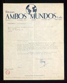 Carta de la sección de Contabilidad de Ediciones Ambos Mundos a Melchor Fernández Almagro en la q...