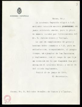 Copia sin firma del oficio del secretario a Salvador Bermúdez de Castro y O'Lawlor de traslado de...