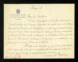 Carta de C.[elestino] Negueira, secretario de la Caja Postal de Ahorros, a Melchor Fernández Alma...