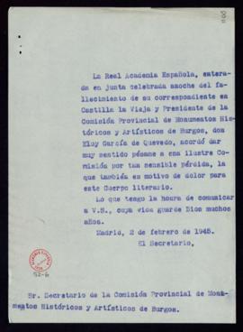 Copia sin firma del oficio de pésame del secretario [Julio Casares] a Ismael García Ramila, secre...