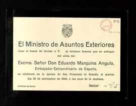 Invitaciones para el solemne funeral de Eduardo Marquina Angulo que se celebrará en la Iglesia de...