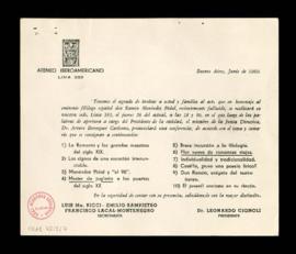 Tarjeta de invitación del Ateneo Iberoamericano en Buenos Aires al homenaje a Ramón Menéndez Pida...