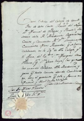 Recibo de Gabriel de la Asunción, colector del Colegio de Escuelas Pías de Madrid, de 150 reales ...