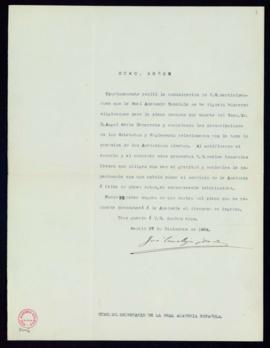Carta de José Canalejas y Méndez al secretario [Mariano Catalina] de agradecimiento a la Academia...