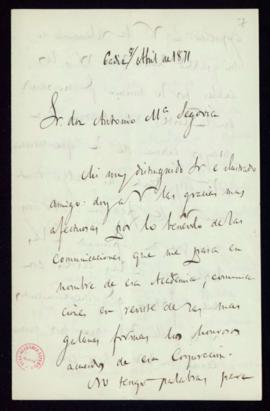 Carta de Adolfo de Castro a Antonio María Segovia en la que anuncia el envío a la Academia, por m...