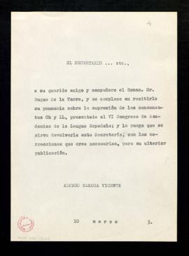 Copia sin firma del saluda del secretario, Alonso Zamora Vicente, al duque de la Torre con el que...