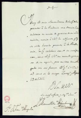 Carta de Manuel Vicente Aramburu a Francisco Antonio de Angulo con la que envía la oración gratul...