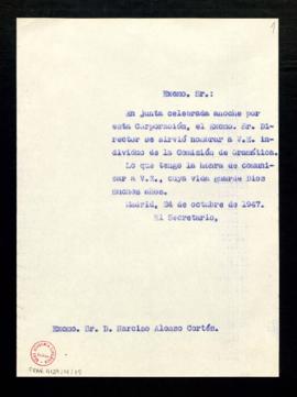 Copia sin firma del oficio del secretario a Narciso Alonso Cortés en el que le comunica su nombra...