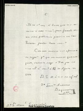 Carta de Francisco Antonio Baquerizo a Manuel de Lardizábal [y Uribe] en la que le comunica que e...
