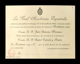 Tarjeta de la Real Academia Española de invitación a la junta pública que se celebrará el 13 de d...