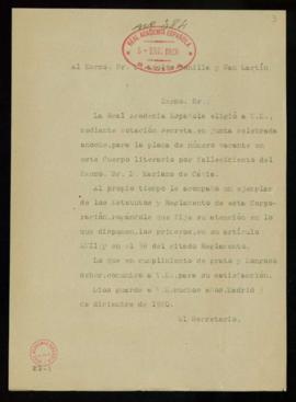 Copia sin firma del oficio del secretario [Emilio Cotarelo] a Adolfo Bonilla y San Martín de comu...