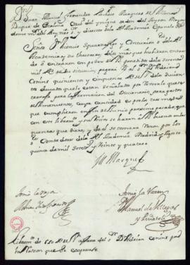 Orden del marqués de Villena a Vincencio Squarzafigo de libramiento a favor de Adrián Conink de 5...