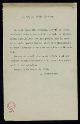 Copia sin firma del oficio de pésame del secretario [Emilio Cotarelo] a Pablo Alcover por el fall...