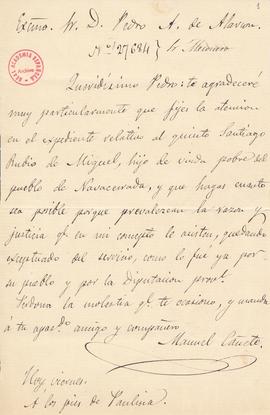 Carta de Manuel Cañete a Pedro [Antonio de Alarcón] en la que le solicita la exclusión del servic...
