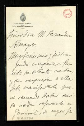 Carta de Jacinto Octavio Picón, bibliotecario de la Real Academia Española, a Melchor Fernández A...