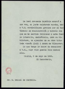 Copia sin firma del oficio del secretario [Julio Casares] a Manuel de Montoliú de traslado del ag...