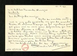 Carta de Francisco Hernández-Pinzón Jiménez a Melchor Fernández Almagro con la que le envía un pa...