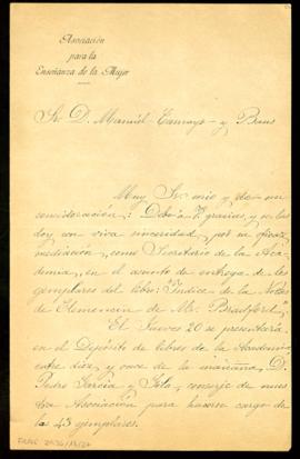Carta de Manuel Ruiz de Quevedo a Manuel Tamayo y Baus en la que le informa de que Pedro García y...