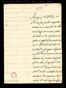 Carta de Fernando de Magallón a Francisco Antonio de Angulo en la que le comunica que ha recibido...