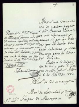 Orden de Manuel de Lardizábal del pago a Juan Palomino de 1860 reales de vellón por los dibujos d...