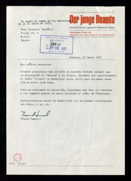 Carta de Bernd Hampel, de Der junge Beamte, a la Academia para que traslade a Salvador de Madaria...