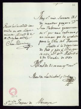 Orden de Manuel de Lardizábal del pago a Juan Palomino de 400 reales de vellón por una cabecera y...