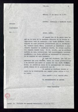 Copia del oficio de Juan Castrillo, representante de España [en México], al ministro de Asuntos E...