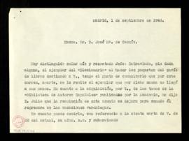 Copia de la carta del oficial de secretaría [Javier Ruiz de Medina] a José M.ª de Cossío en la qu...