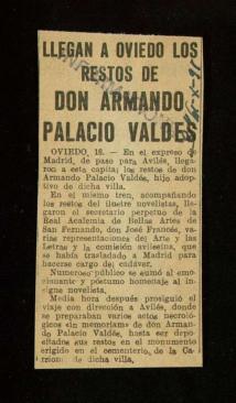 Recorte del diario Informaciones con la noticia Llegan a Oviedo los restos de don Armando Palacio...